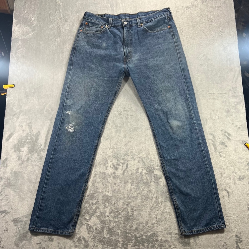 LEVI'S 505 Regular Fit Jeans‎ Mens 38x34 Blue Distressed Straight Leg Denim